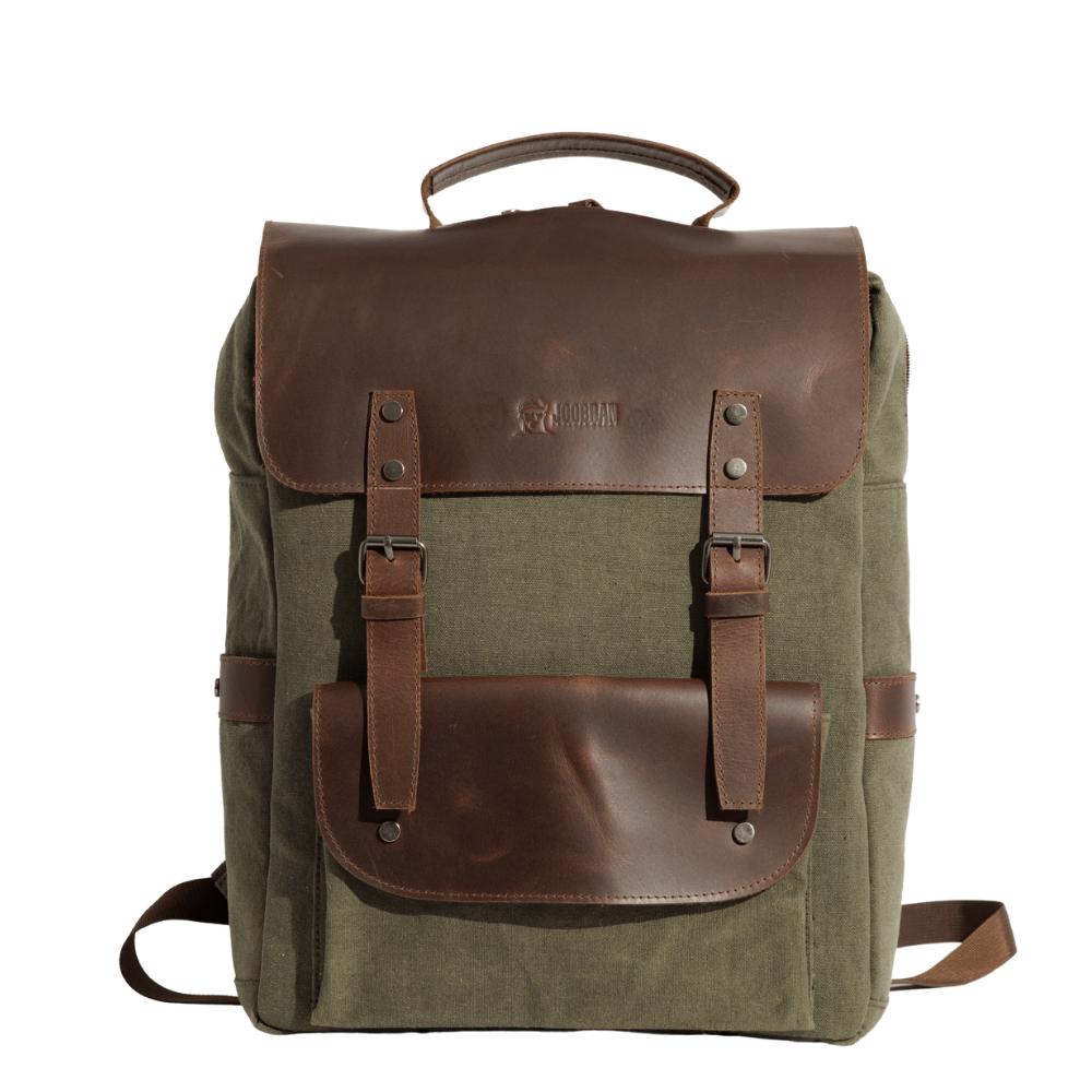 Daily Vintage Backpack ''100% Cotton canvas & Cow leather'' – Army – Joobran