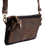 Double-Pouch Crossbody Bag''100% Cotton canvas & Cow leather'' - Navy Blue