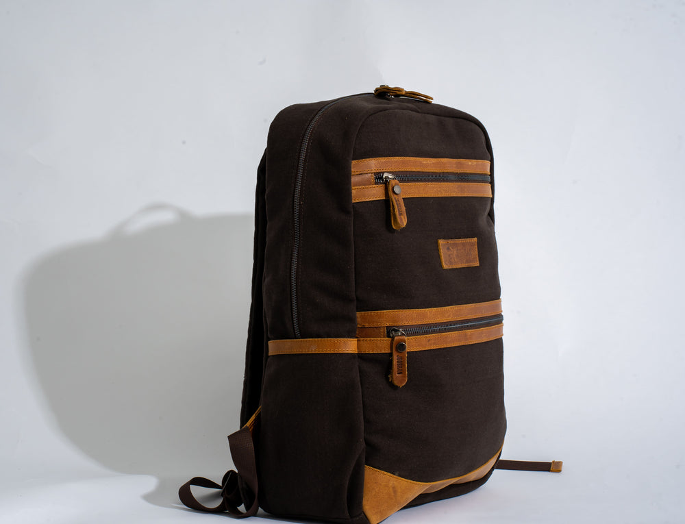 Randel backpack''100% Cotton canvas & Cow leather'' – Dark Brown
