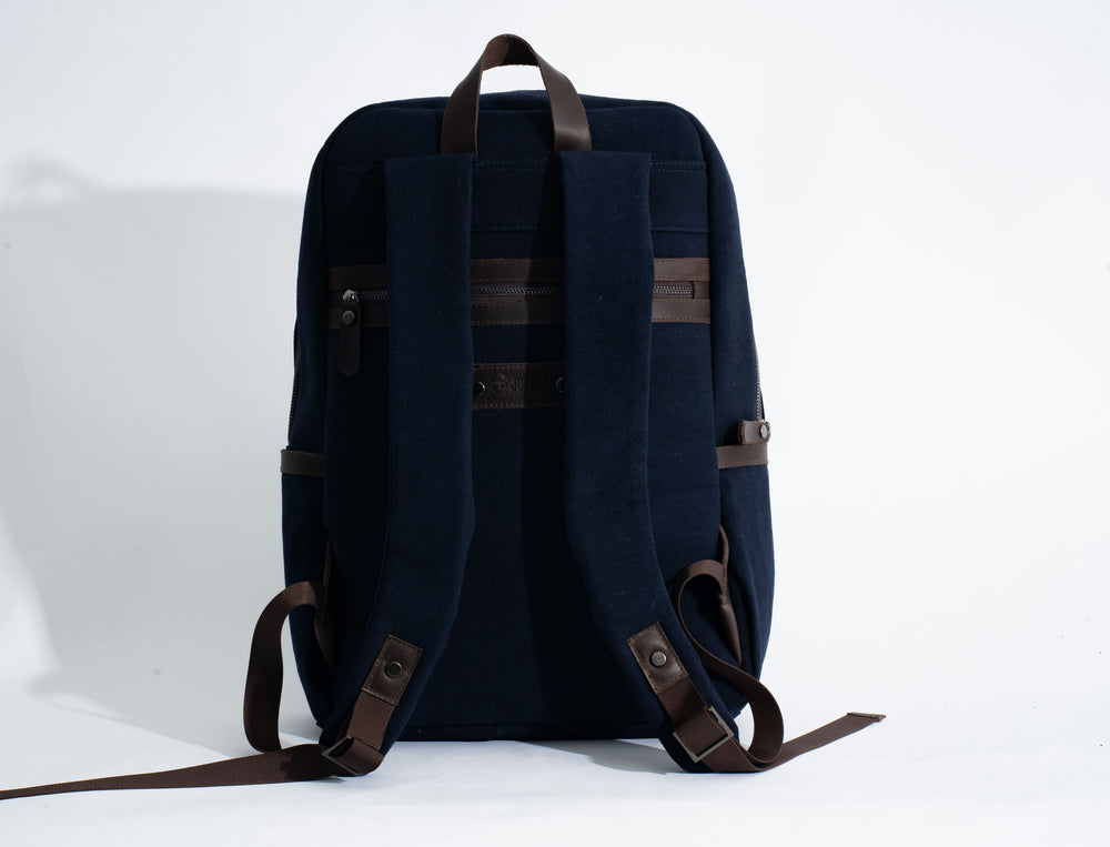 Randel backpack''100% Cotton canvas & Cow leather'' – Navy Blue