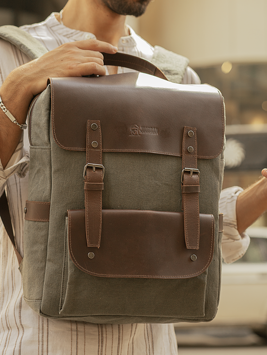 bug vintage canvas fabric cotton leather backpack bookbag Daily Vintage Backpack ''100% Cotton canvas & Cow leather'' – Army – Joobran