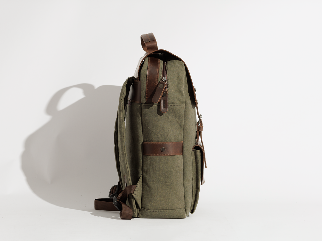 bug vintage canvas fabric cotton leather backpack bookbag Daily Vintage Backpack ''100% Cotton canvas & Cow leather'' – Army – Joobran
