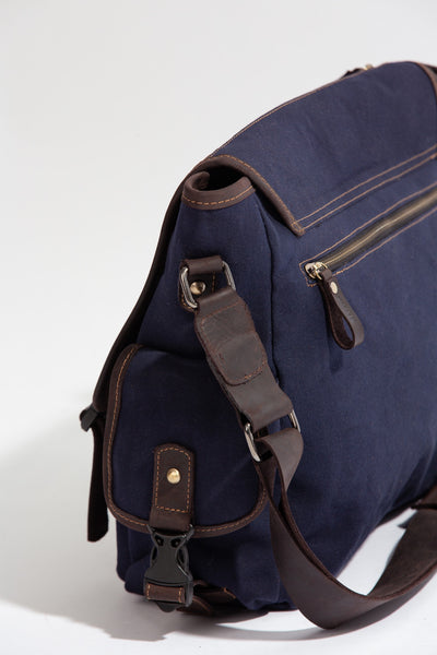 Marlow Messenger Bag ''100% Cotton canvas & Cow leather'' - Navy Blue
