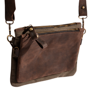 Double-Pouch Crossbody Bag ''100% Cotton canvas & Cow leather''- Army