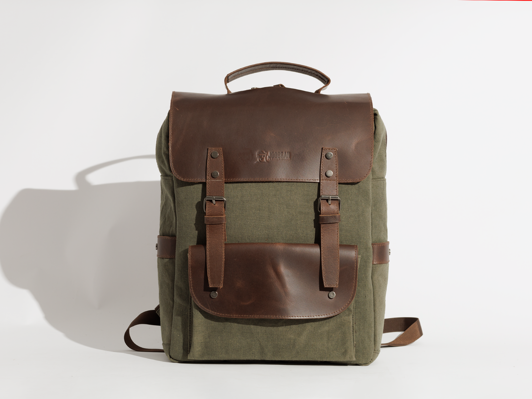 Daily Vintage Backpack ''100% Cotton canvas & Cow leather'' – Army – Joobran Daily Vintage Backpack ''100% Cotton canvas & Cow leather'' – Army – Joobran